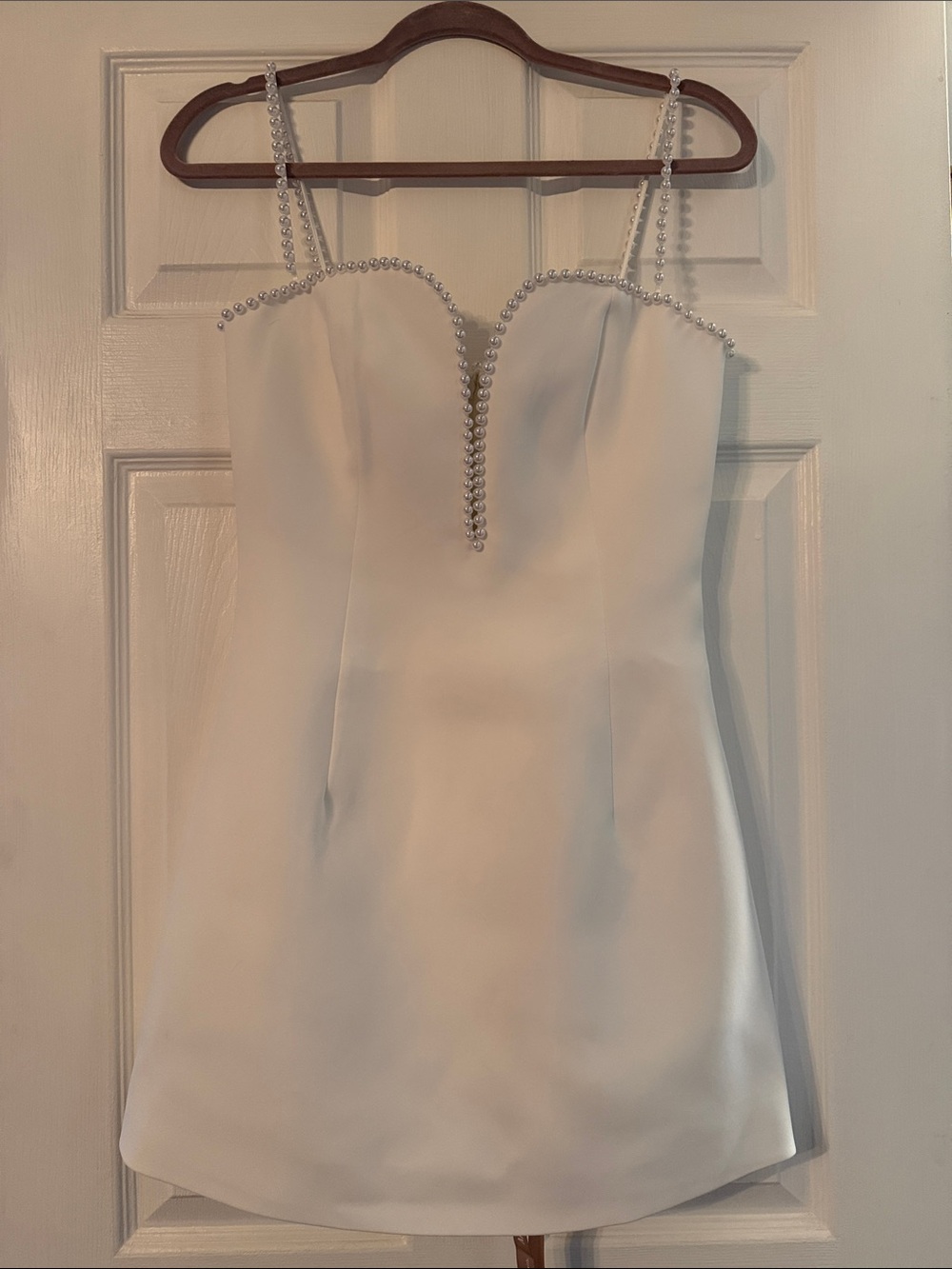 Meshki White Pearl-Trim Mini Wedding Dress